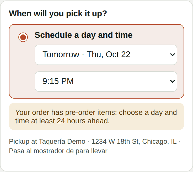 The customer picks a day and time