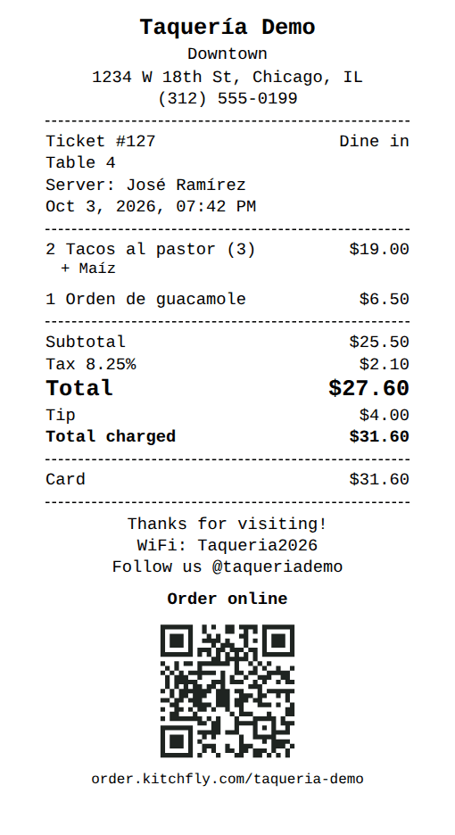 Receipt with a footer message and the online ordering QR code