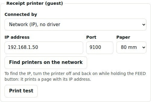 Network printer in the app settings
